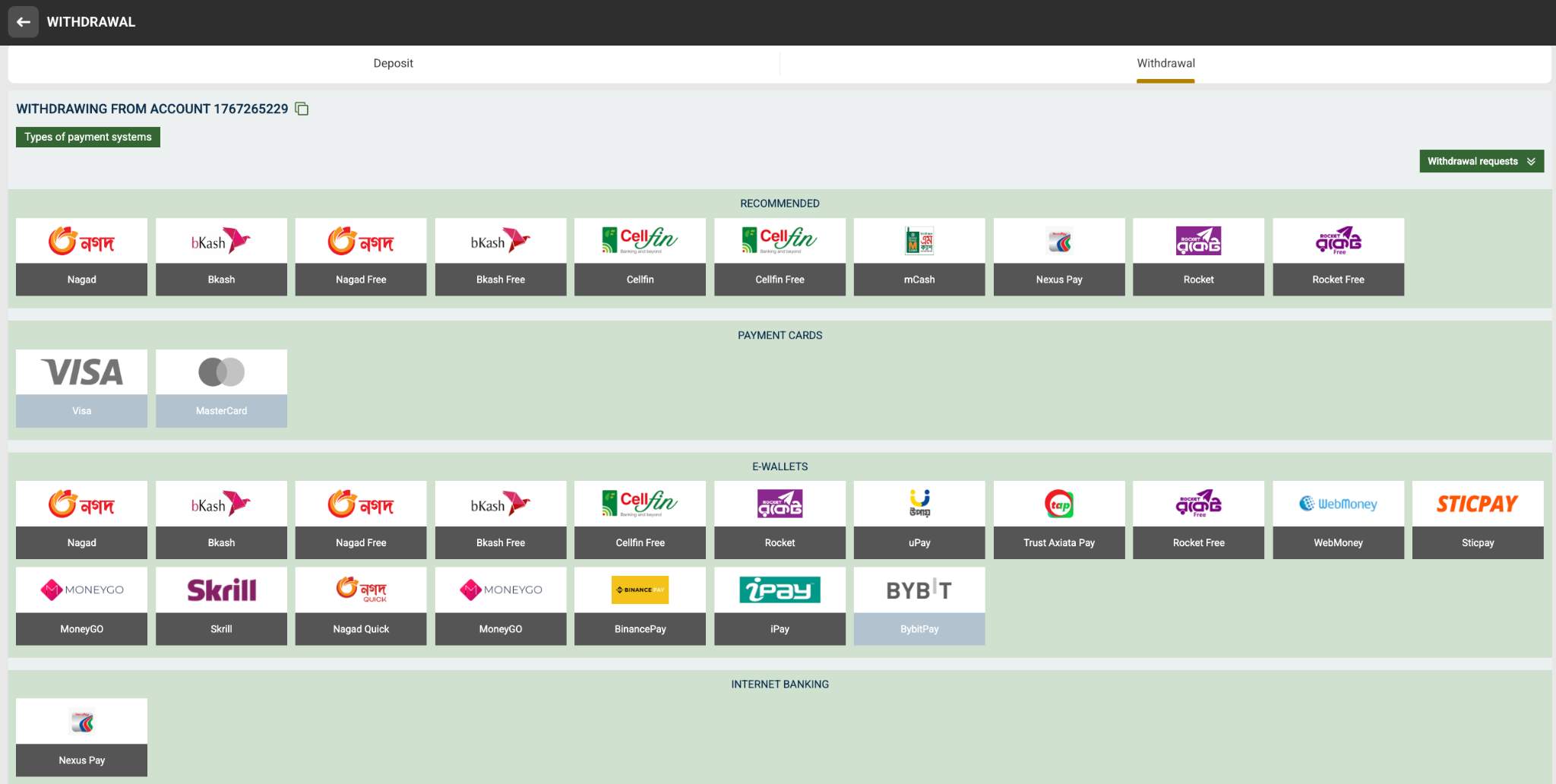 Melbet Withdrawal Bangladesh payment methods screenshot showing Nagad bKash Rocket Cellfin Nexus Pay Visa Mastercard Skrill BinancePay and other withdrawal options
